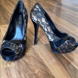 Guess Black Lace 4” Platform Heel Pumps